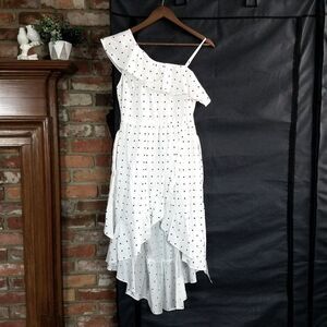 Lush White Polka Dot Ruffle Shoulder High Low Dress Size Small